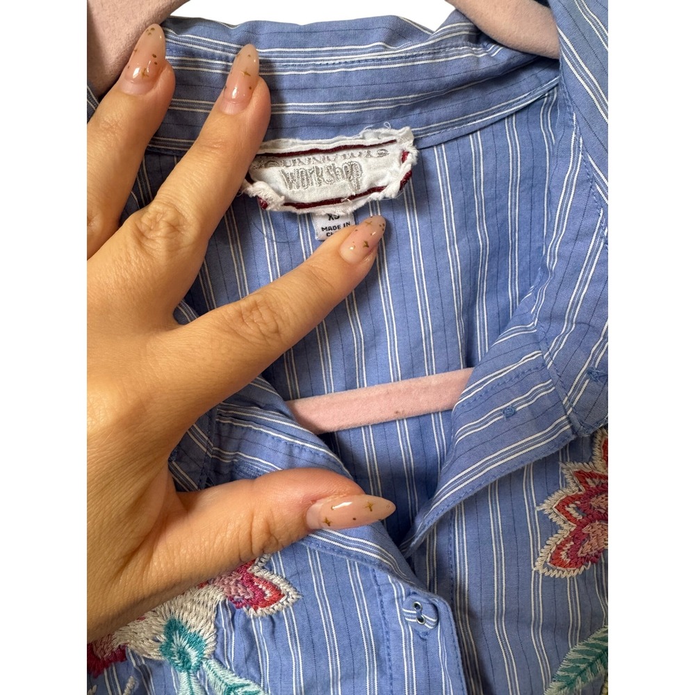 Johnny Was Workshop Blue Striped Floral Embroidered Button Front Shirt Dress XS - Picture 6 of 7